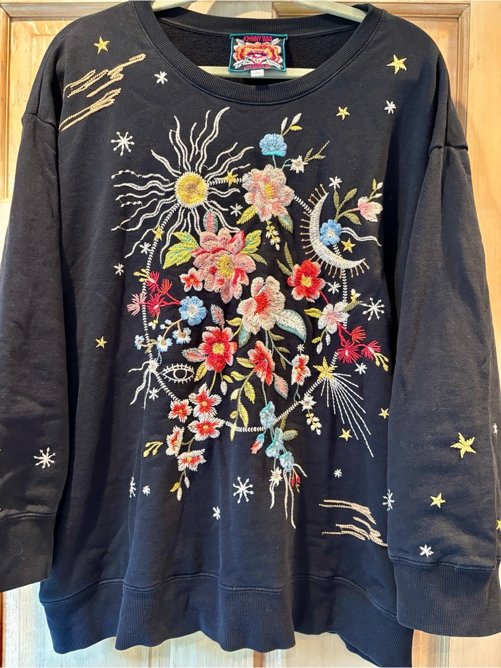 Johnny Was Black Lissa Sweatshirt  With Floral & Celestial Embroidery XL